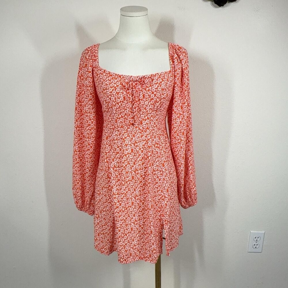 Faithfull The Brand Dress Womens XS Orange Floral Smocked Mini Boho Coquette